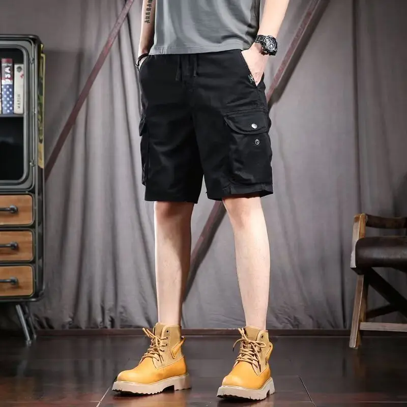 

American Retro Heavyweight Elastic Waist Multi-ket Workwear orts Men's Trendy High-End Slim Straight Five-Quarter Pants