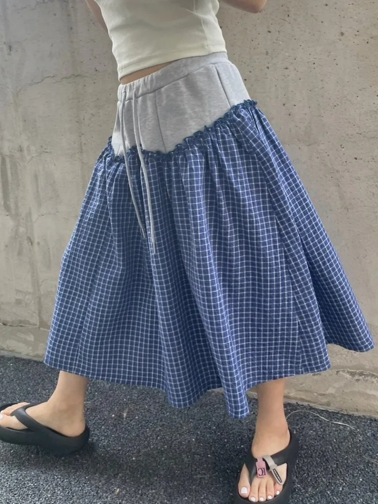 Gonna da donna di media lunghezza con motivo scozzese retrò carino Patchwork Color Blo Gonna da donna in vita elastica giapponese Sle Primavera Autunno Inverno