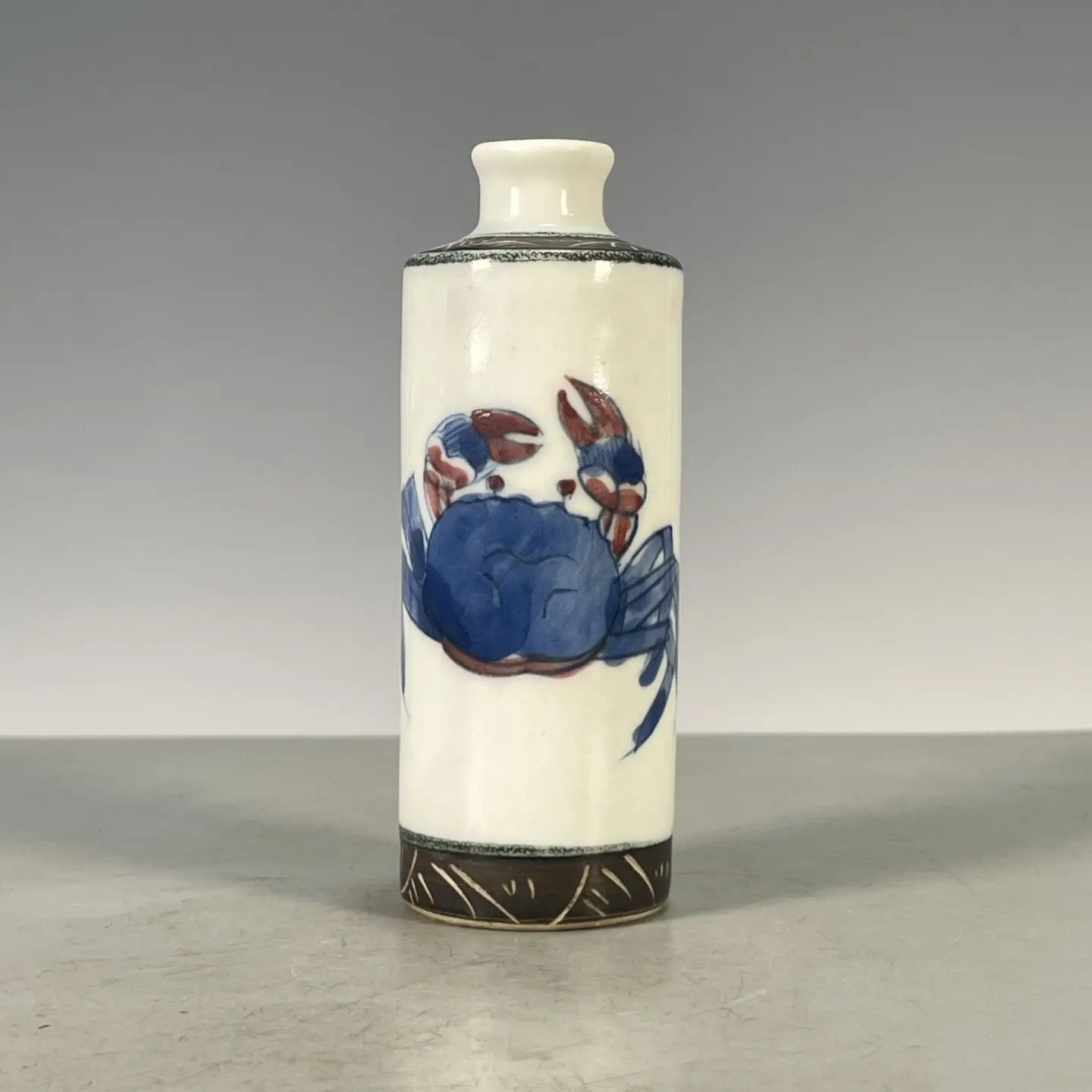 Mini Fine Porcelain Vase Dual Underglaze Blue & Copper Red Hand-Painted Crab Motifs Chinese Auspicious Wealth Curio