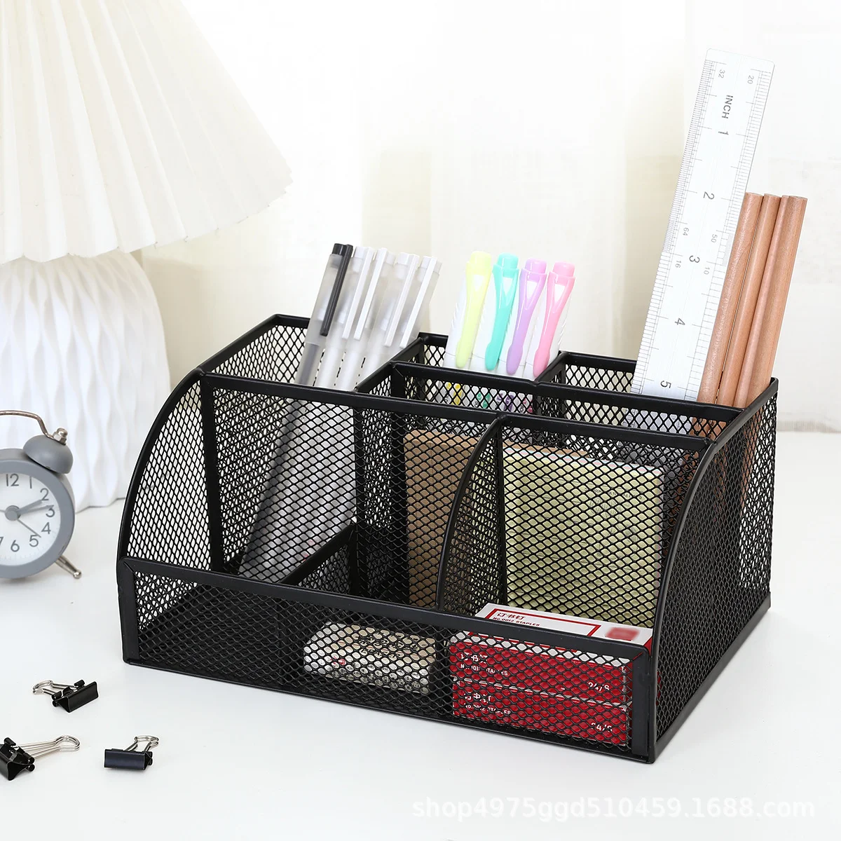 Black Metal Mesh Desk Organizer, Multi‑Slot Desktop Stationery Holder, Office Supplies Storage Caddy for Home Office School