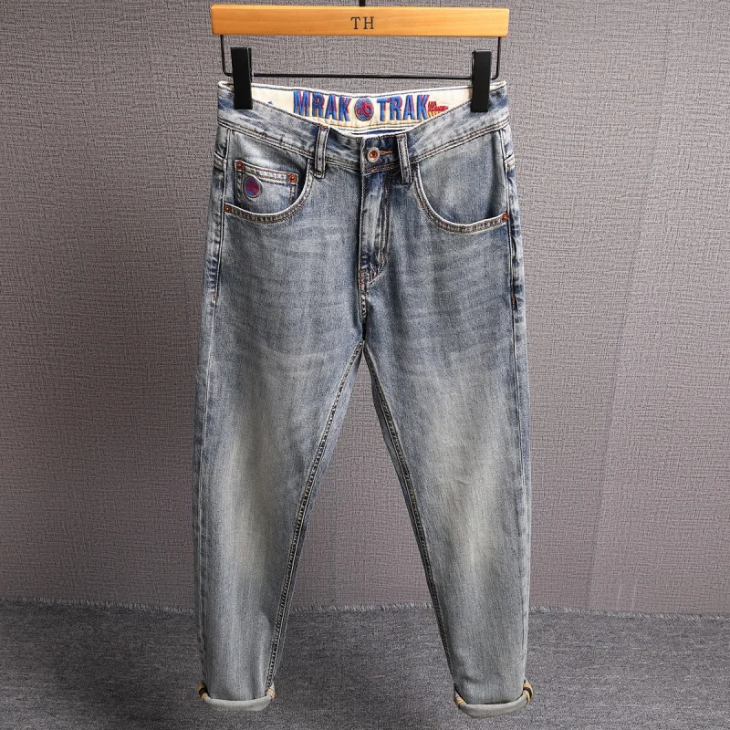 

2025 high-end summer thin retro light colored jeans men's embroidered small straight tube soft pants