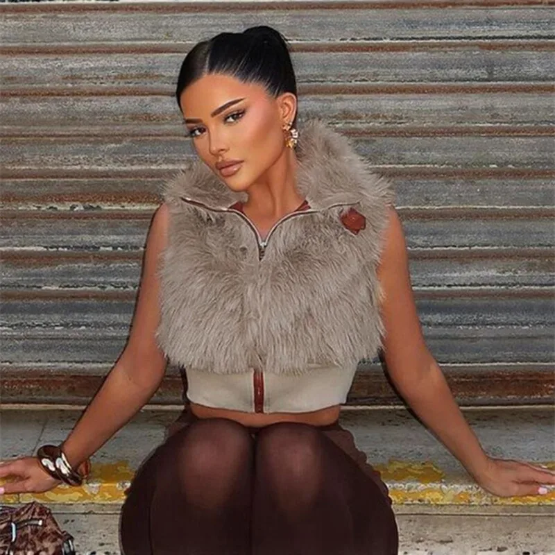 Women's Fur Vest Street Style Inner Wear 100% Other Material Regular Length Zipper Closure Pure Color Chinese Production
