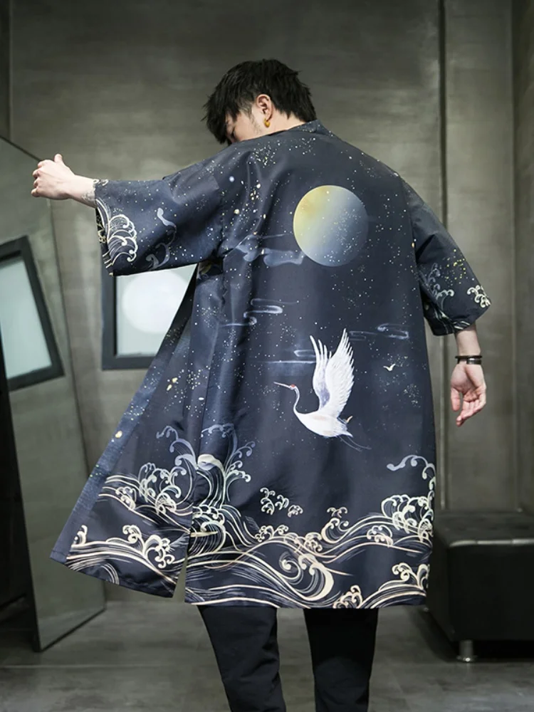 

Мужская китайская кимоно-рубашка средней длины с принтом Crane Dao Pao, солнцезащитная, свободного кроя, летняя модная верхняя одежда