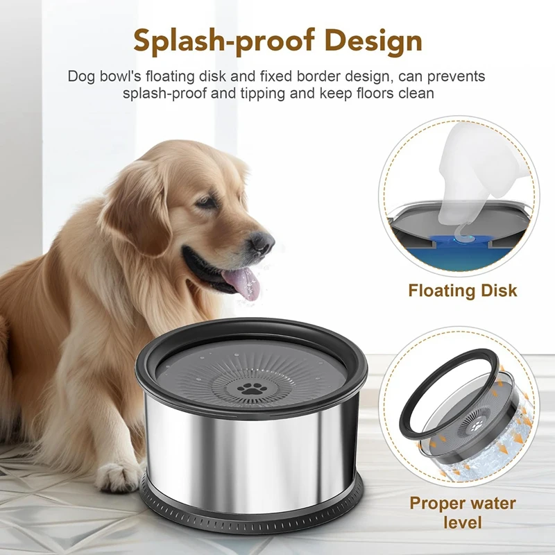 6.5L Dog Water Bowl, 1.6 Gallon Super Capacity No Spill Dog Water Bowl, Stainless Steel Spill Proof Slow Water Feeder, Durable