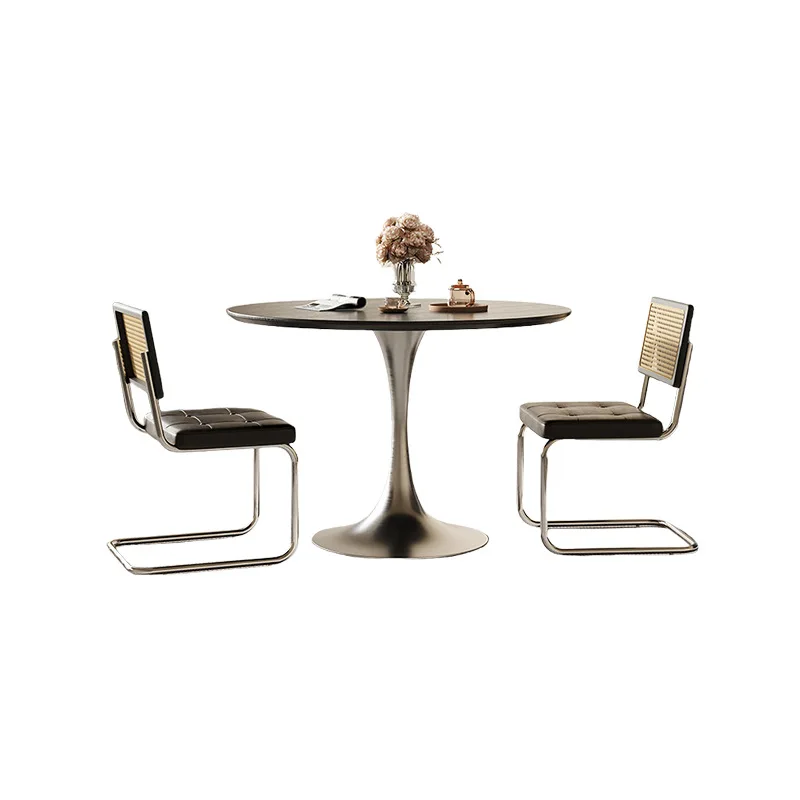 

Medieval solid wood round table, dining table, chair set, household dining table, stainless steel round