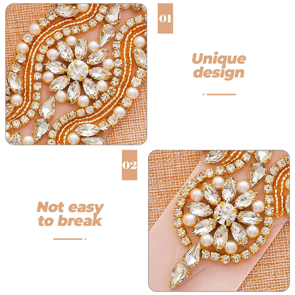 

Sparkling Rhinestone Applique Wedding Belt Patch Pearl Decor Sewing Iron-On Diy Clothing Accessory Bridal Sash Hat Headdress