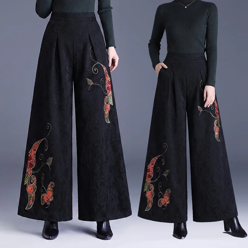 Embroidered Wide Leg Pants Loose Fit Floral Patterned Women's Casual Trousers Autumn Winter New Style Chinese National Style