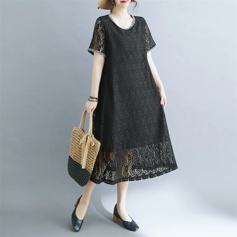 

NYFS 2025 New Summer Dress Korea Women's Dress Loose Short Sleeve Lace Long Dresses Robe Elbise
