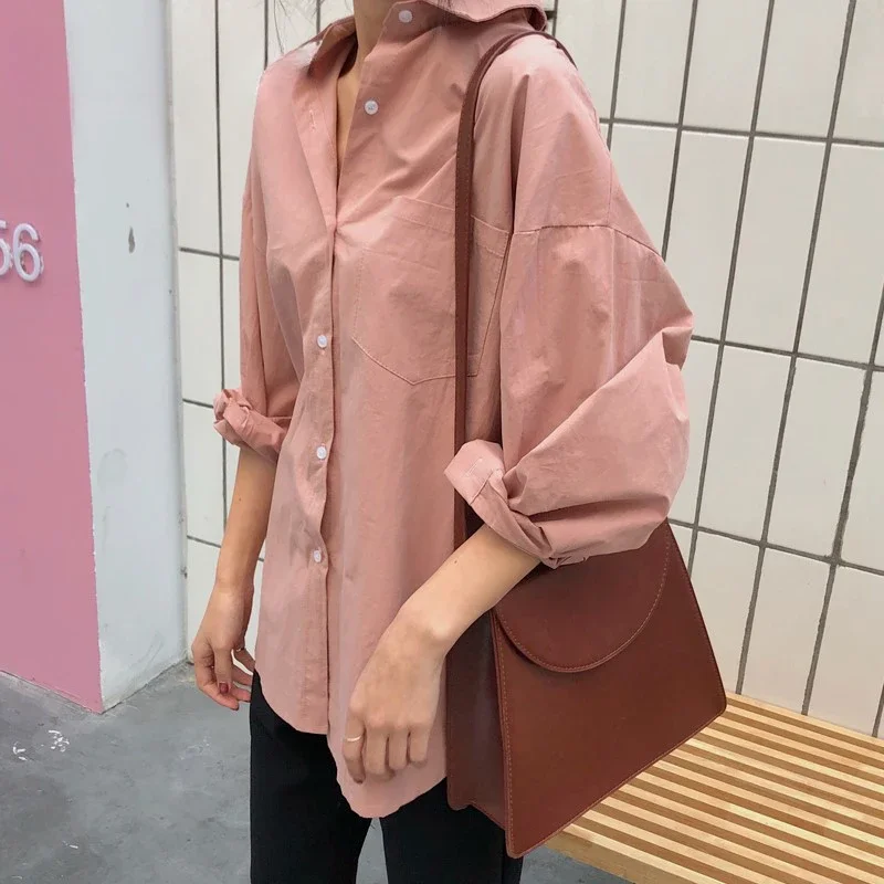 Autumn Women Shirts White Plain Loose Oversized Blouses Female Tops Loose BF Korean Style Blusas Pockets