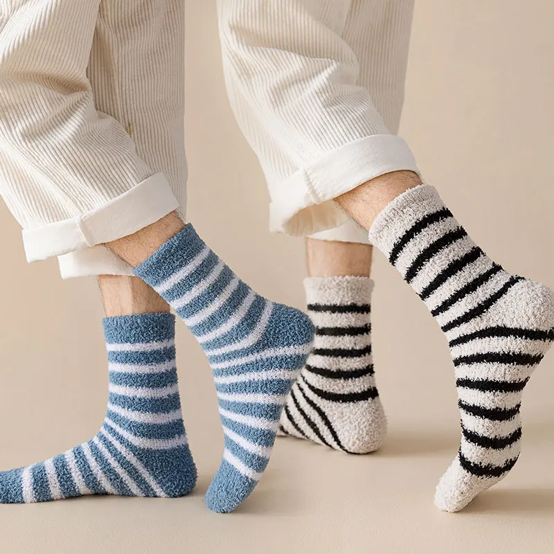 5 pairs Men's winter thick warm floor socks stripes simple comfortable men's socks fashion versatile mid tube socks