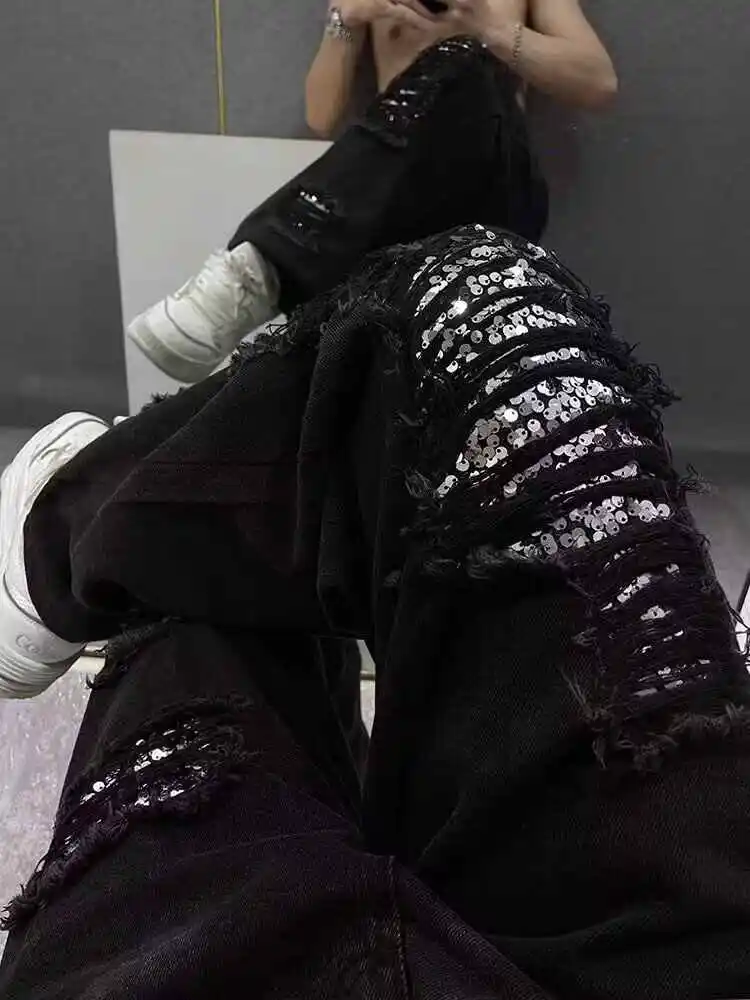 

Women's Blue Gothic Y2k Cargo Jeans Harajuku 2000s Trashy Ripped Denim Trousers Streetwear Baggy Jean Pants Vintage Emo Clothes