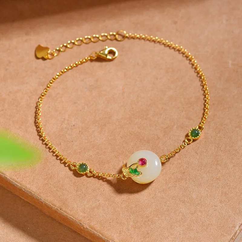 S925 Silver Inlaid With Hetian Jade Peace, White And Green Enamel Ginkgo Leaf Bracelet Attracting Wealth
