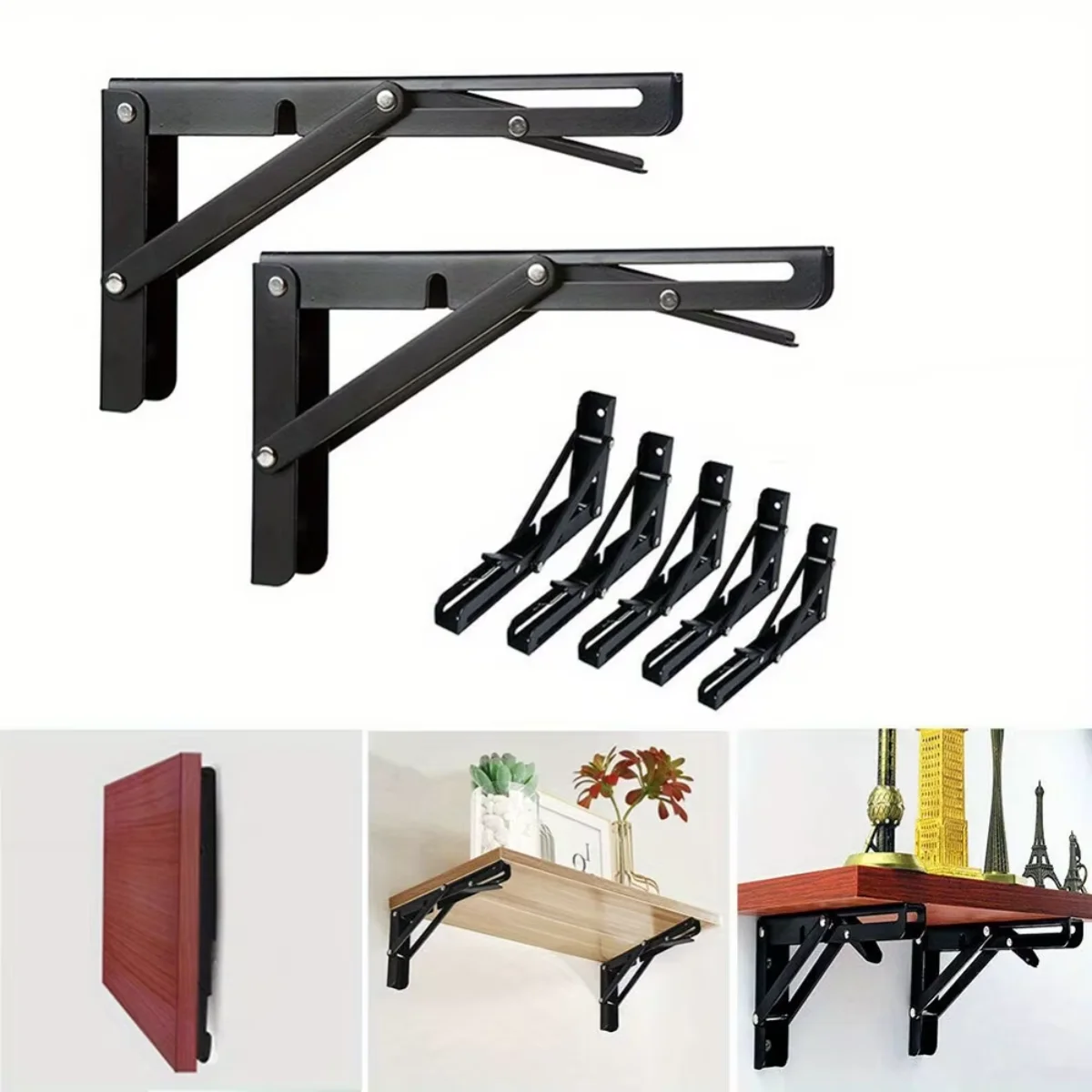 4pcs Folding Shelf Bracket Heavy Duty Stainless Steel Wall Mount 10in Space Saving Collapsible Table Hinge L Shaped Support for Garage Kitchen Workshop Storage Rack with Screws