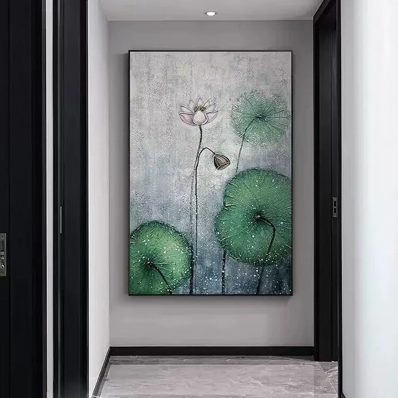 Modern Abstract Green Art Hand Drawn Oil Painting Lotus Leaf Lotus Living Home Decoration Bedroom Dining Room And Sofa backgroun