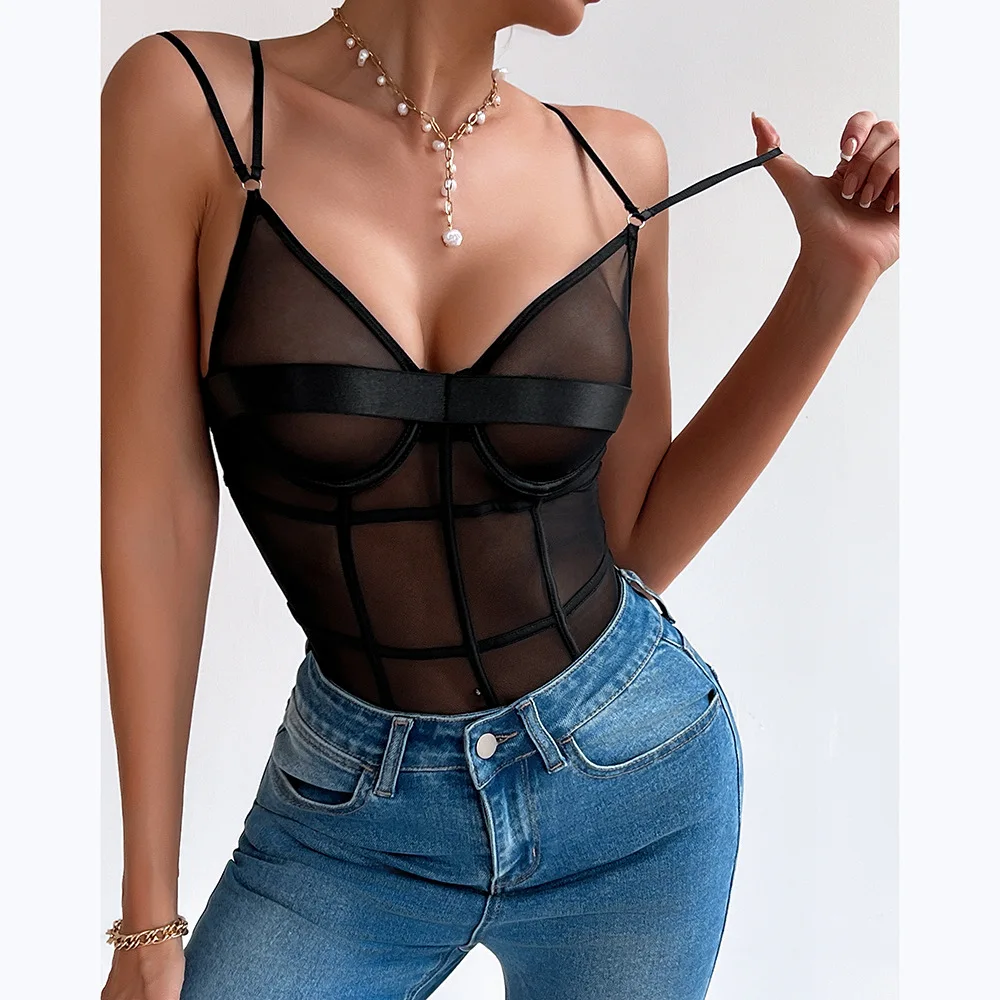 

Spaghetti Strap Bodysuits For Women Transparent Mesh Lingerie Sexy Outfit Bodyshaper One Piece Jumpsuit Slim Shapewear Nightclub