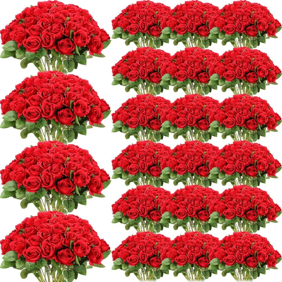 500 Pcs Artificial Silk Roses Flowers with Long Stem Bridal Wedding Bouquet Realistic Floral Bulks for Garden Home Party Gifts F