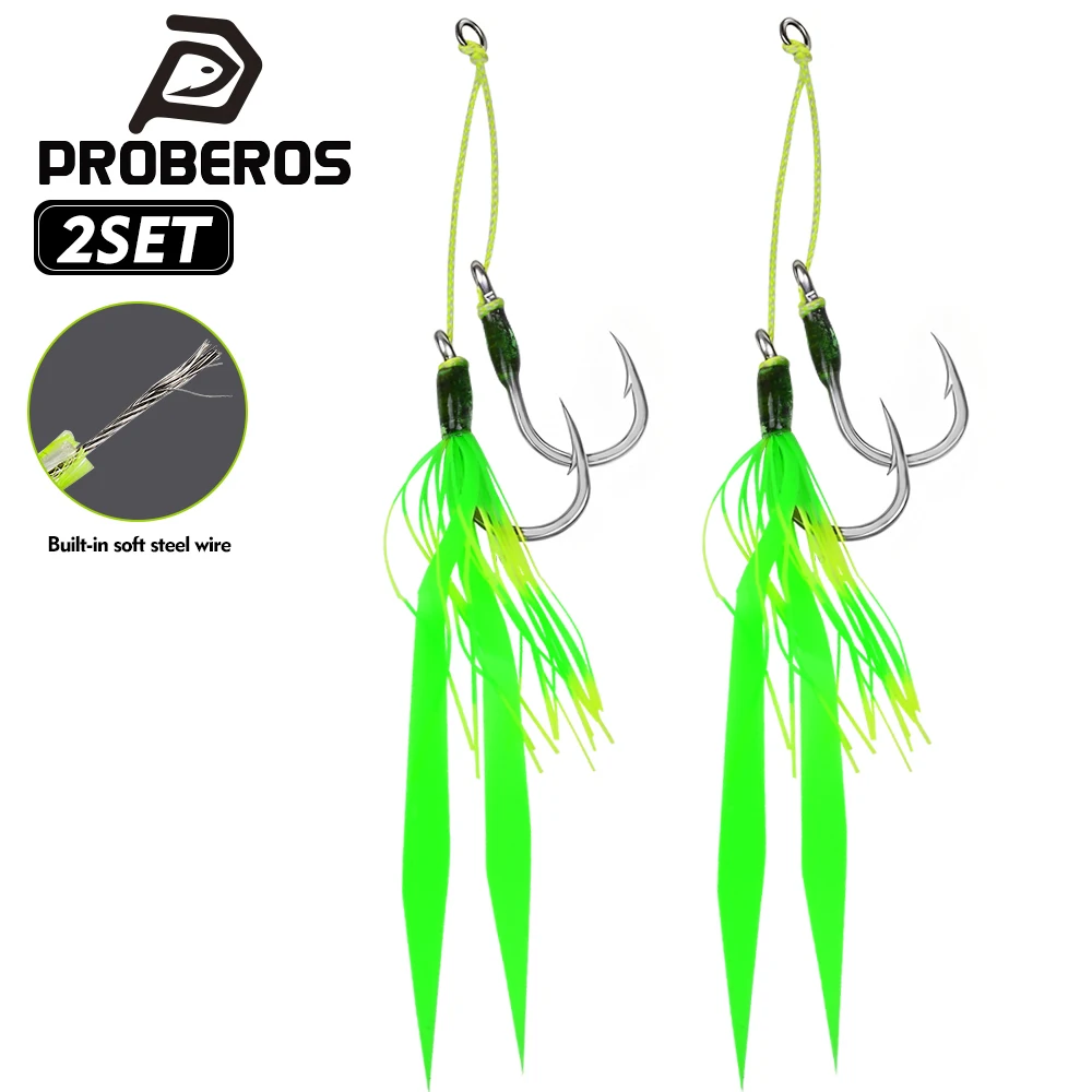 Anzuelos Dobles Proberos de Ojo Grande con Pluma Verde, 2 Sets/Bolsa, Anzuelos de Jigging de Placa de Hierro de Acero de Alto Carbono para Pesca de Lubina en Agua Salada