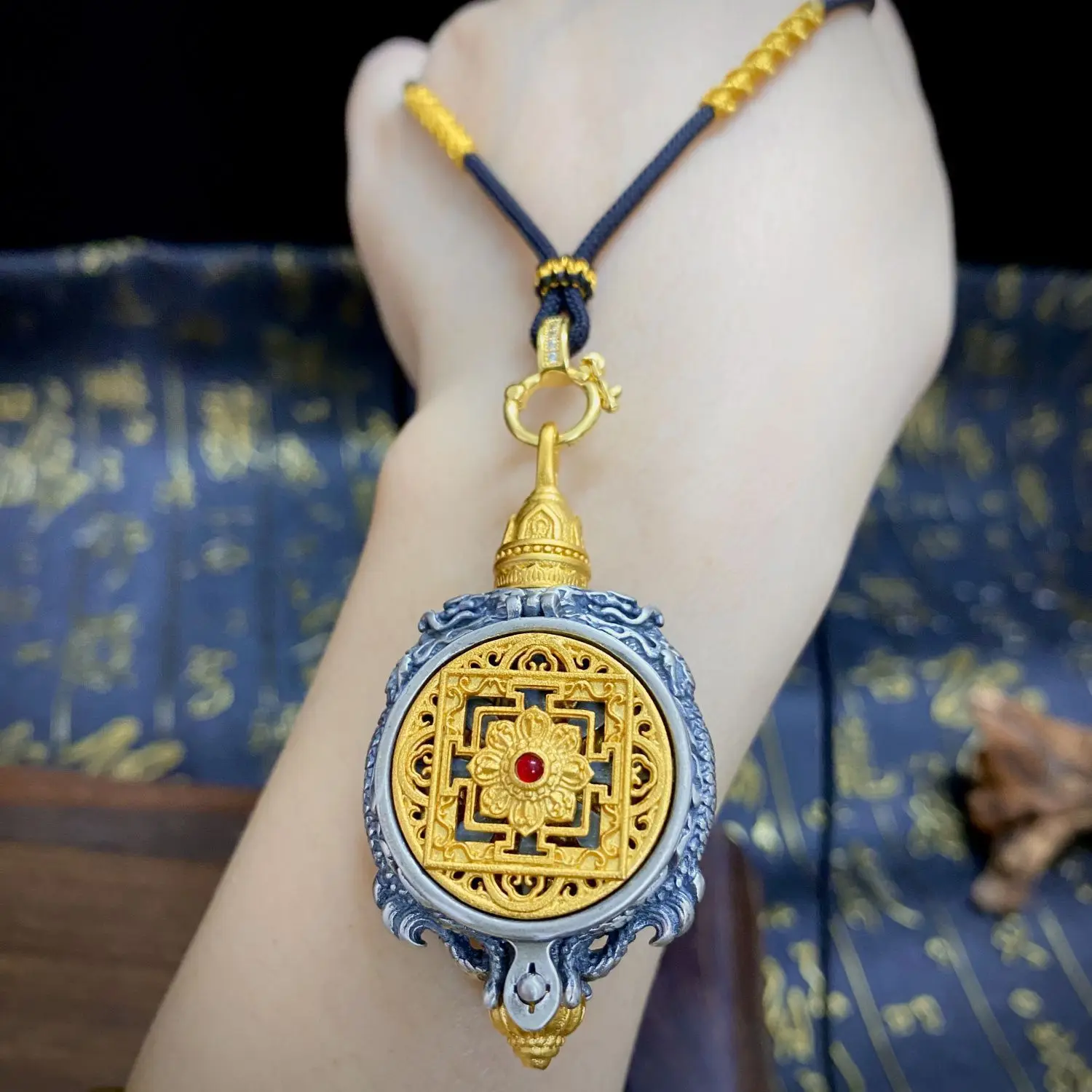 999 Sterling Silver Yellow God of Wealth Necklace Pendant Luck Tibetan Charms Personalized Vintage Carving Original Ethnic Style 6