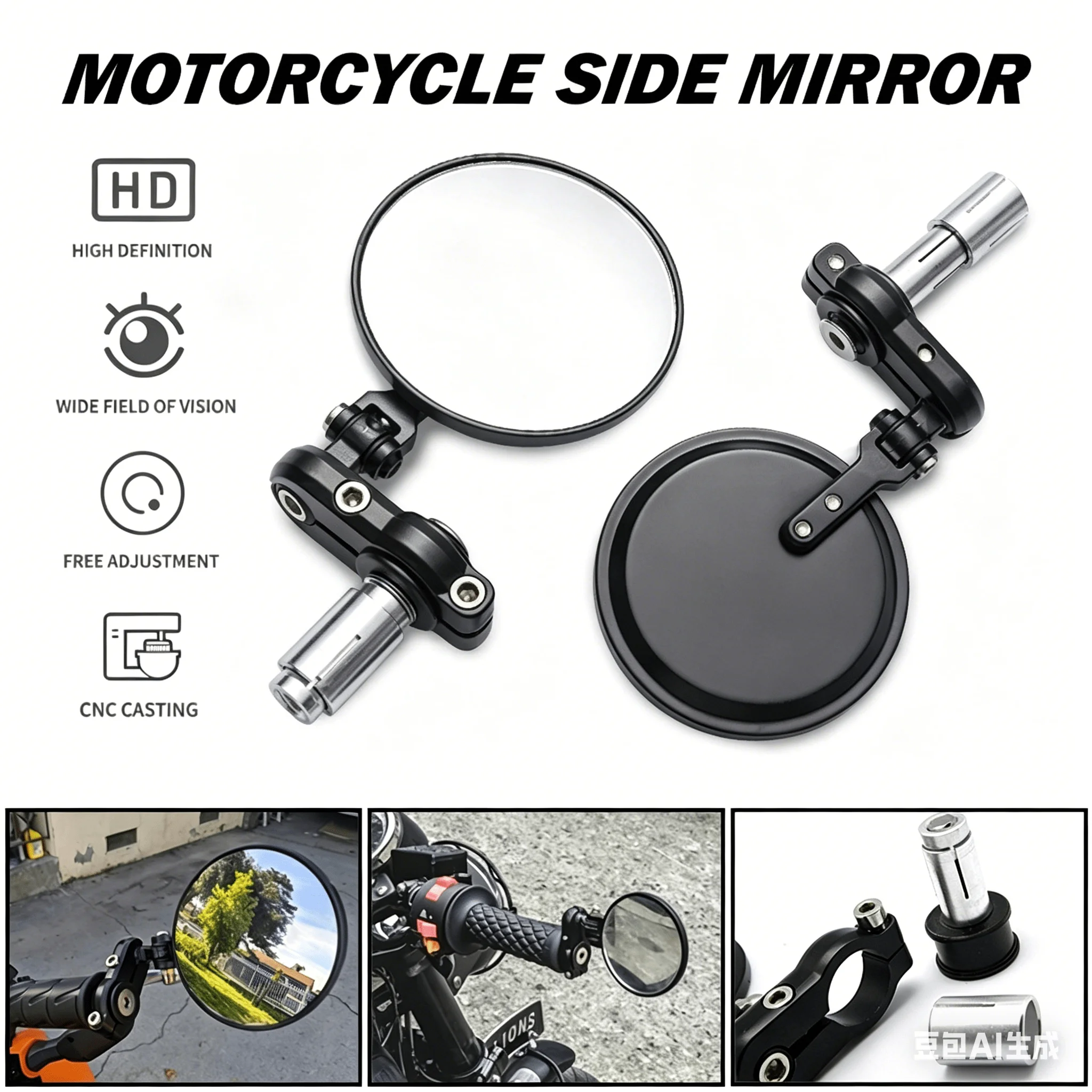1 Pair Foldable Round Rearview Mirror 7/8 Inch Handlebar End HD Anti-Shock Side Mirror For Motorcycle