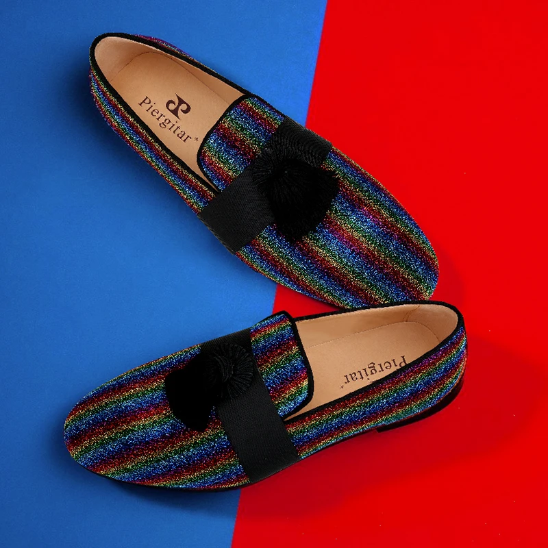 Piergitar Multicolored Striped Bright Fabric Men's Loafers With Ottoman-Inspired Black Fringed Tassels For Party Formal Wear