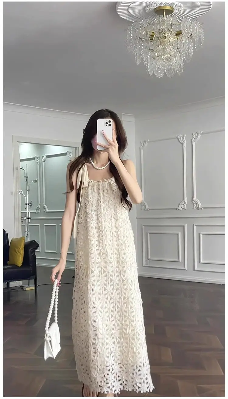 Bohemian white hollow camisole Dress, for Women Clothing, Summer Sanya Sleeveless Vacation Beach Strap Long Dress,2024 New