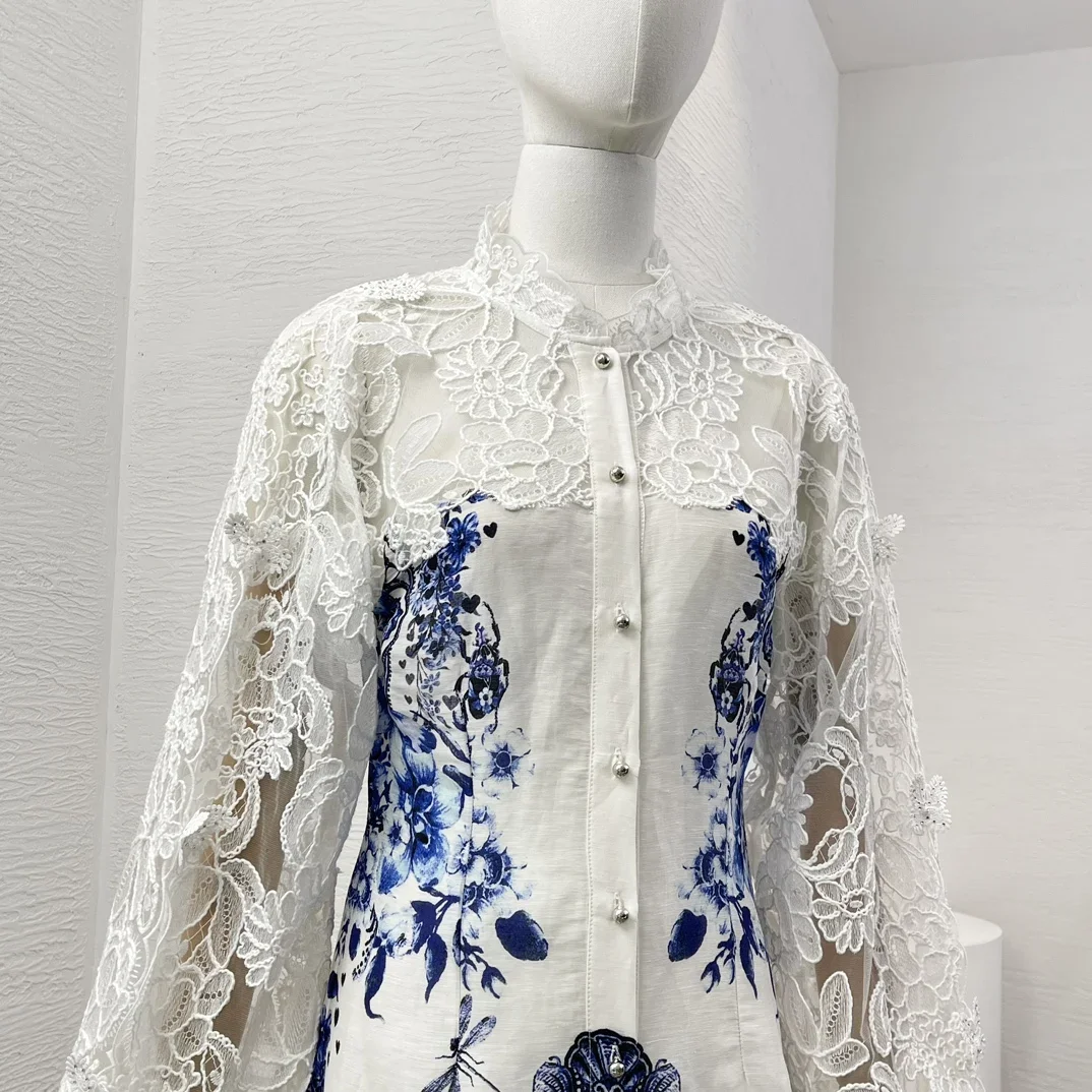 Mini vestido feminino com estampa floral branco e azul manga comprida, bordado em renda, fecho dos botões frontais, alta qualidade, recém-chegados, 2024