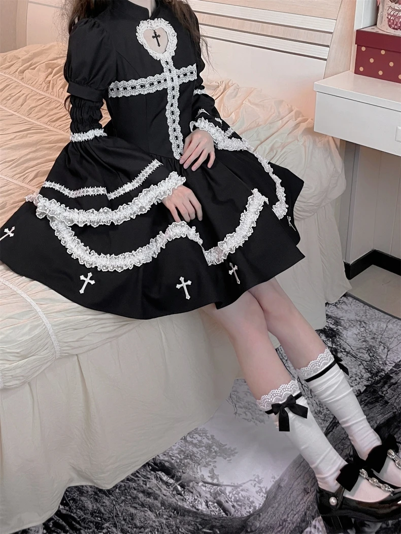 2023 Japanese Style Gothic Cosplay Dress Female All-Match Robe Long Sleeve Ruffle Lace Black Midi Dresses Y2k Lolita Vestidos