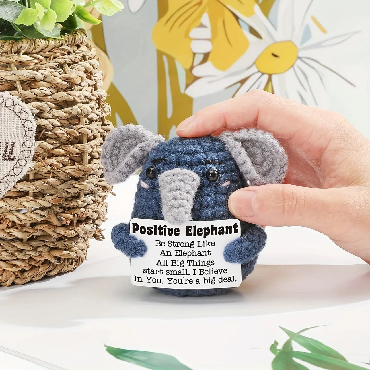 

Handmade Crochet Positive Elephant Figurine with Message Card - Cute Knit Elephant Car Dashboard Decor Emotional Support