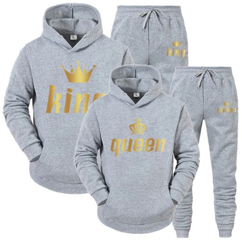 King Queen Print Autumn/Winter originality Casual Hoodies Male Casual Sweater Set Long Sweatshirts Sleeve Men Tracksuit Clothing