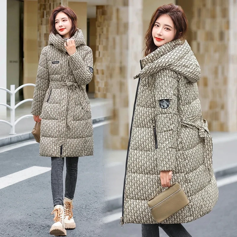 Winter Jacket Detachable Hat Printed Down Cotton Coat 2023 New Paraks Thicken Warm Long Padded Coat Womens Cothing Outerwear