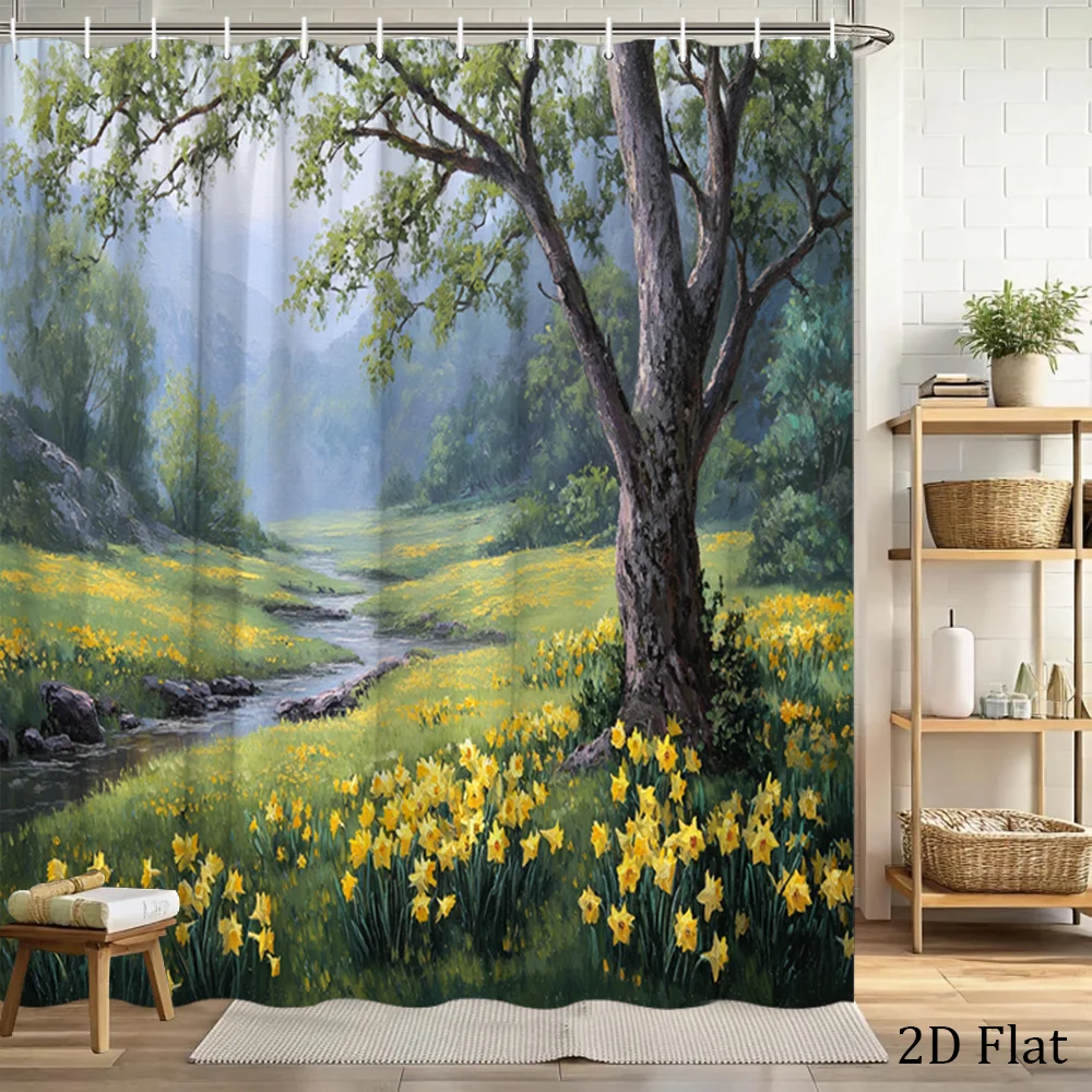 

Waterproof Floral Nature Shower Curtain Yellow Wildflower Forest Landscape Bathroom Decoration Tapestry 180x180cm
