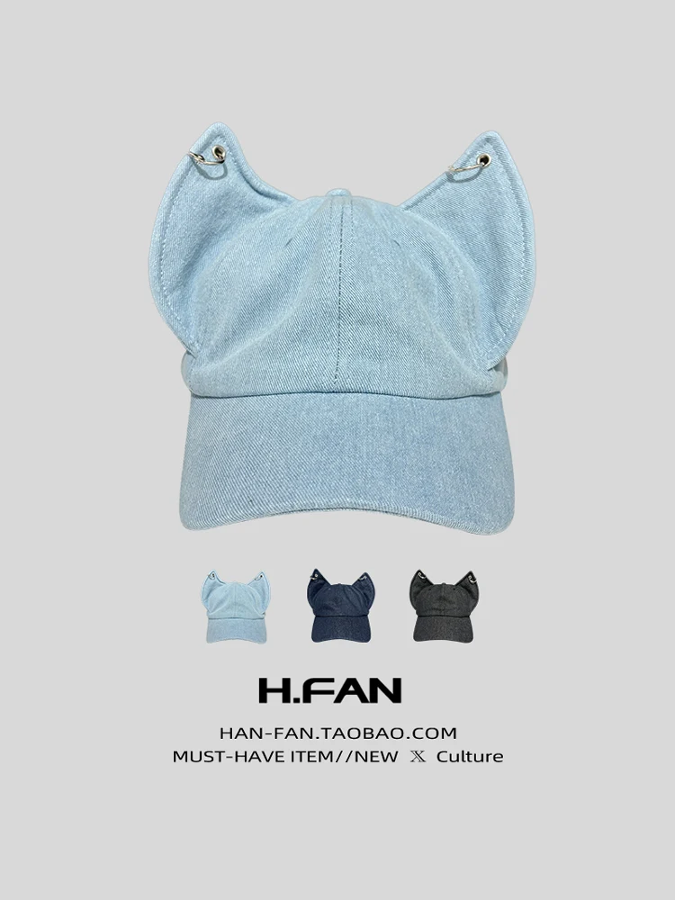 

Cute Ear Baseball Cap Women's Spring Summer New Style Small Wash Denim Duckbill Cap round Top Casual Unisex Hat