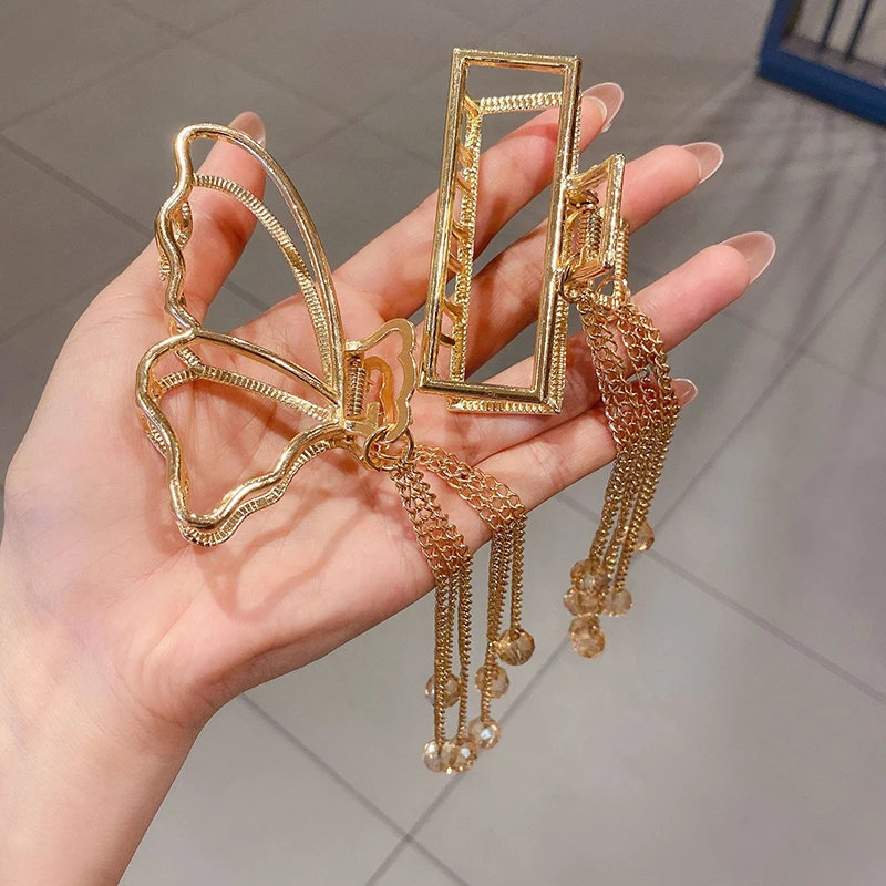 Fashion Metal Hair Claw For Women 2022 Girls Crystal Tassel Gripping Clip Rhinstone Pendant Hair Grip Geometric Hair Accessories