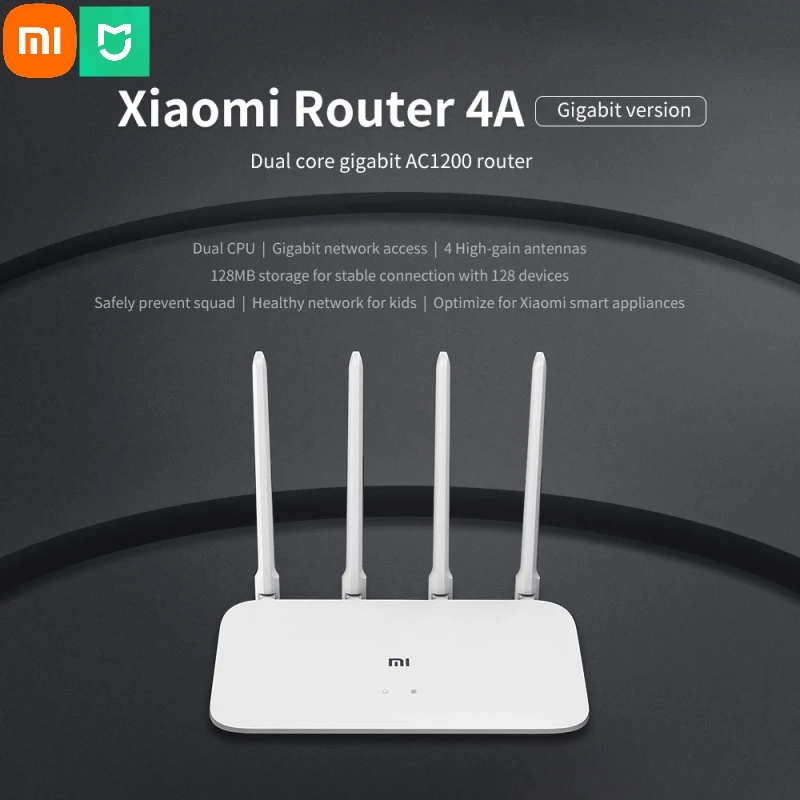 جهاز توجيه Xiaomi 4A/ 4A إصدار جيجابت 2.4 جيجا هرتز 5 جيجا هرتز واي فاي 1167 ميجا بت في الثانية مكرر واي فاي 128 ميجابايت DDR3 مكاسب عالية 4 هوائيات موسع الشبكة