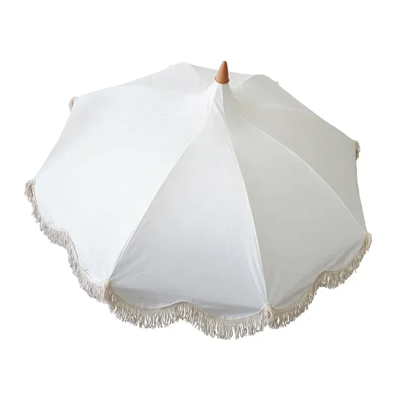 

Outdoor Premium Wooden Pole 6.5ft Pagoda Peak Shape Beach Umbrella Vintage White Tassels Garden Parasol With Carry Bag
