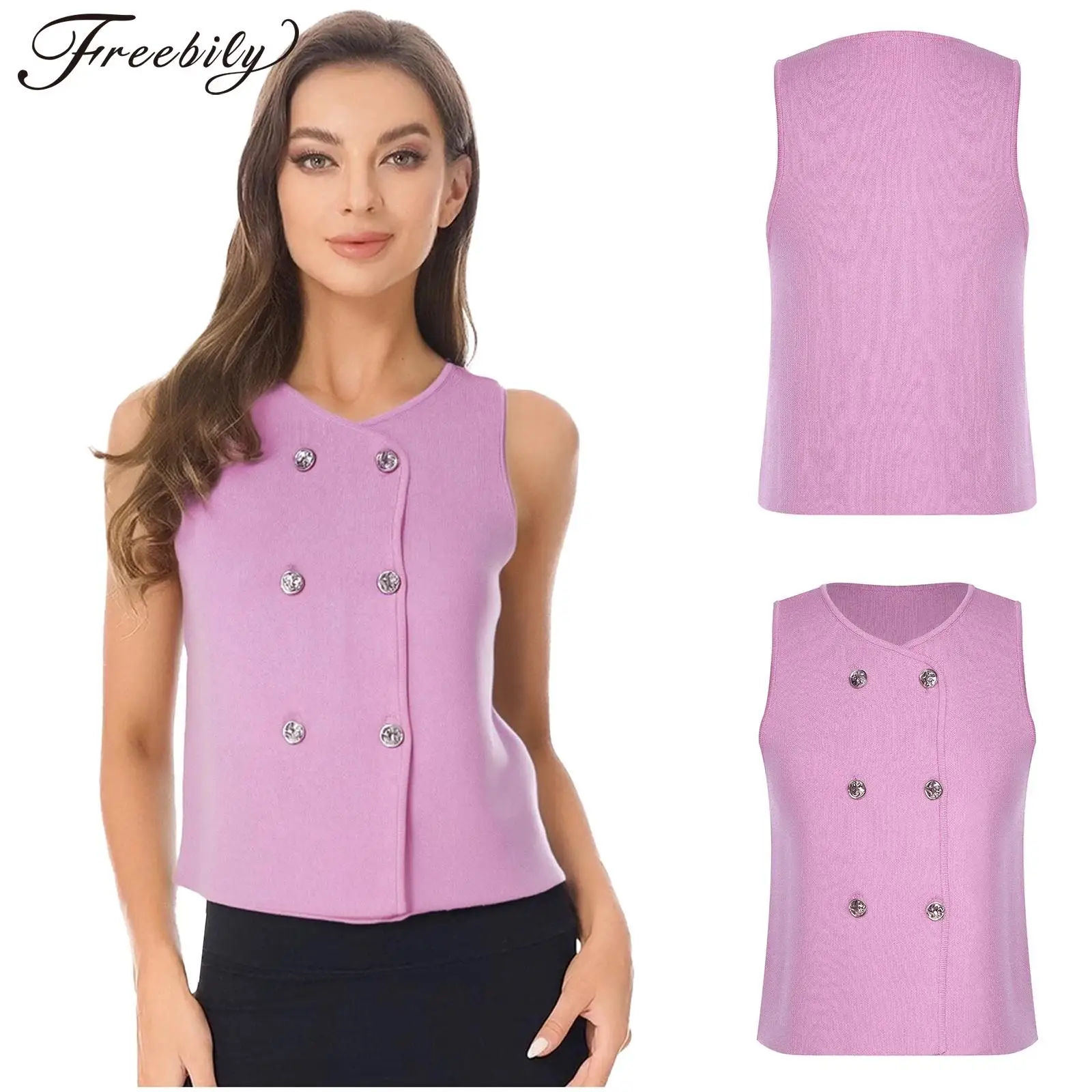 

Female 2025 Vests Women Sleeveless Jacket Fashion V-neck Double-breasted Waistcoat Tops Solid Color Commute Office Lady Tops