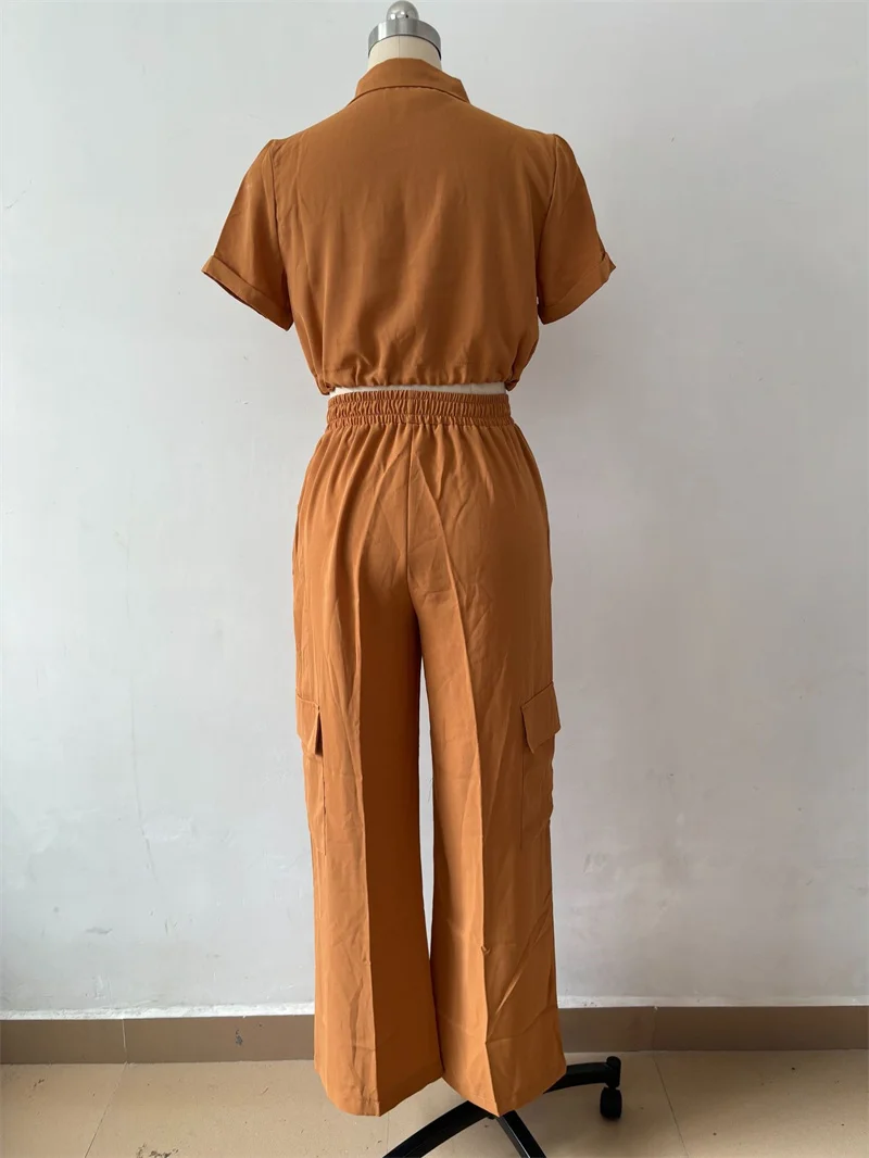 Oversized Cargo Sweatpants Two Piece Outfits for Women Summer Black Short Sleeve Crop Tops and Long Wide Leg Pants Tracksuit