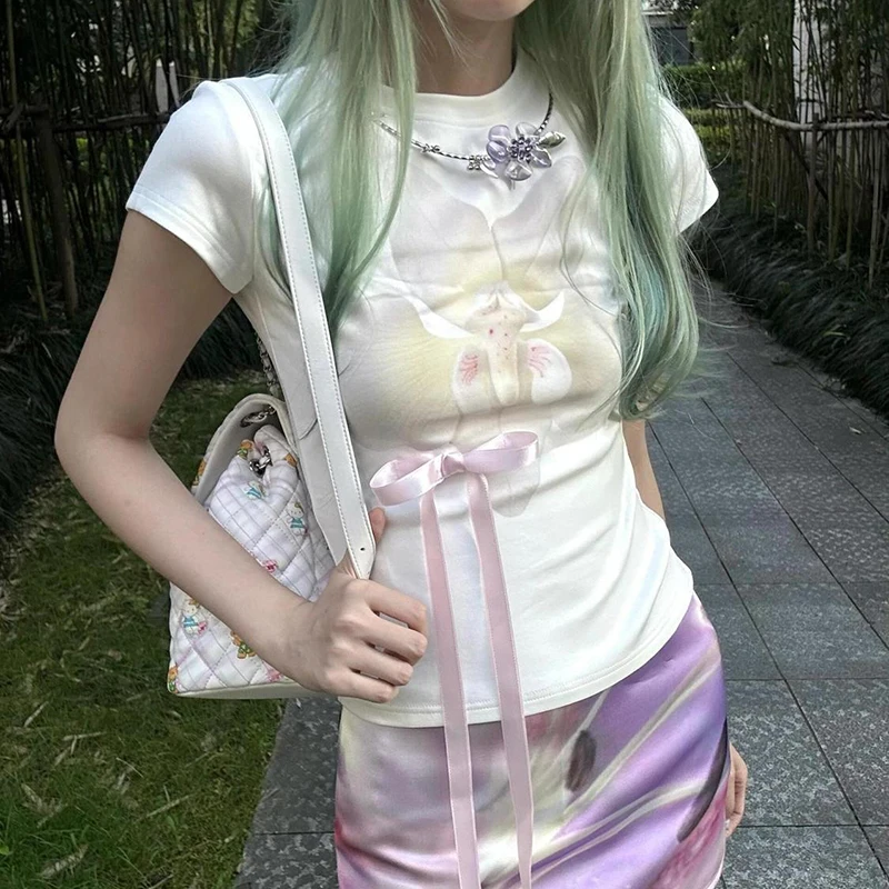 Ästhetische Blume sanfte Kunst Vintage Y2K 90er Jahre Schleife Süßes Mädchen T-Shirt Harajuku Schatz süße lustige Sommer schlanke Dame Tops T-Shirt