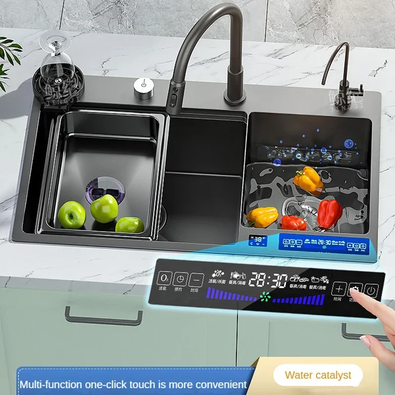 Black 304 Stainless Steel Double Bowl Kitchen Sink Touch Digital Display Dual Flush Cup Washer Waterfall Faucet
