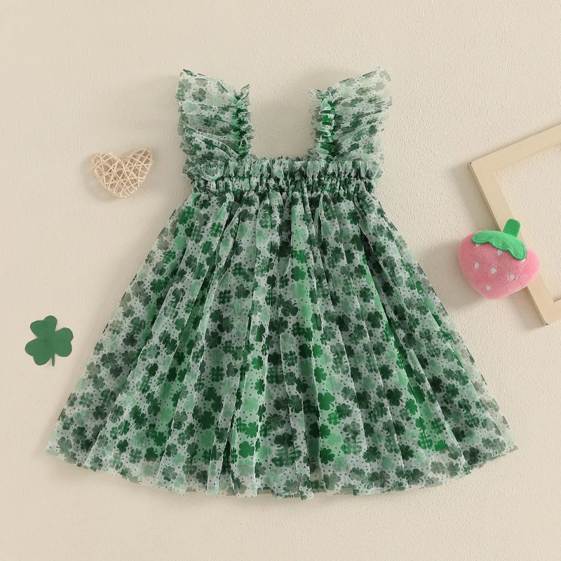 Kids Girl’s Slip Dress Sleeveless Clover Strawberry Print Summer Mesh A-line Dress Tulle Princess Dress