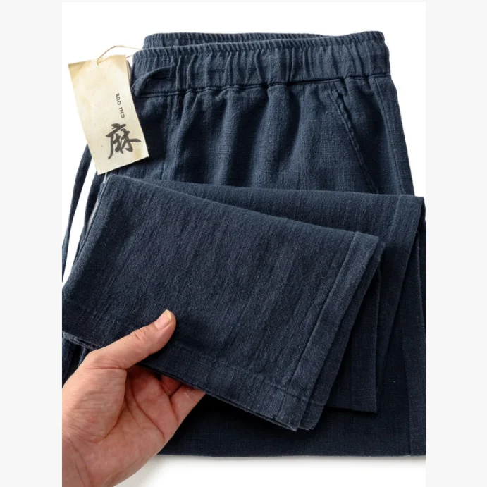 

Мужские повседневные брюки из хлопка и льна, широкие, свободного кроя, с эластичным поясом, модные, прямого силуэта, дышащие, для весны, осени и лета