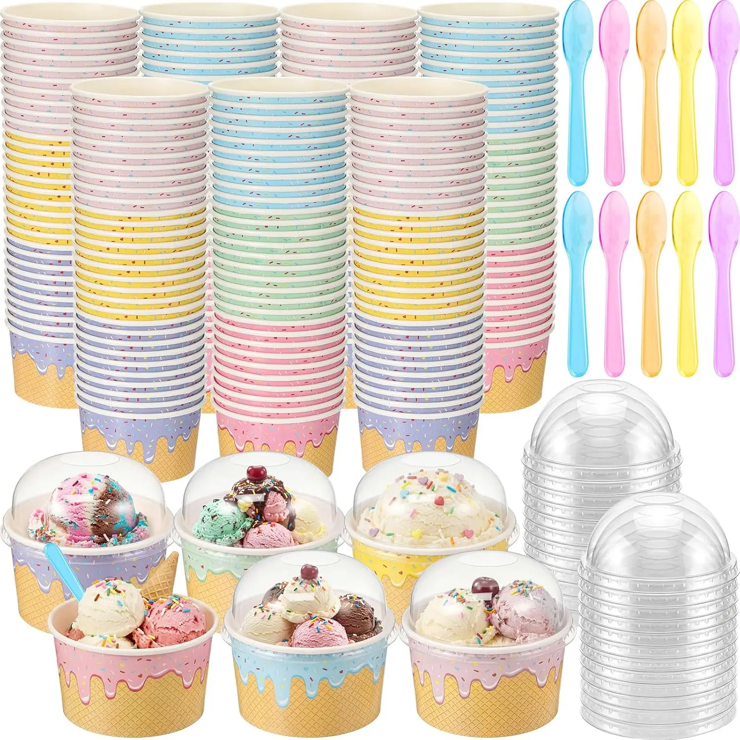 

120 Set 8oz Ice Cream Paper Cups with Lids and Spoons, Disposable Sundae Bowls, Dessert Cups for Birthday Party Supplies