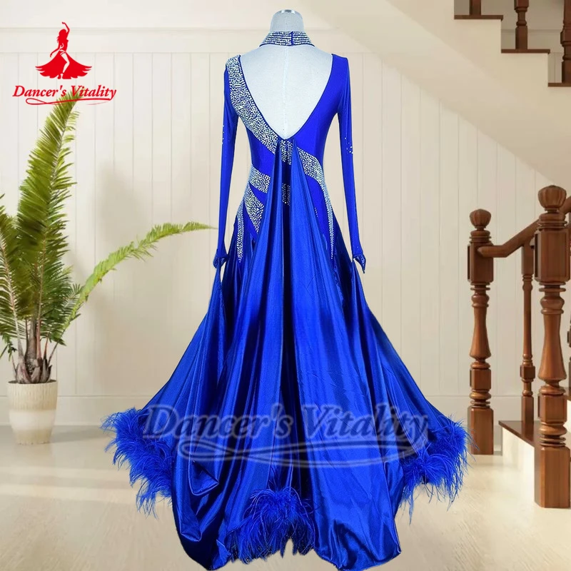 소셜 댄스 V자형 백 럭셔리 드레스, 목걸이 포함, 댄서의 활력을 담은 여성 왈츠, 타조 깃털 하단 헴라인 의상, 맞춤 제작