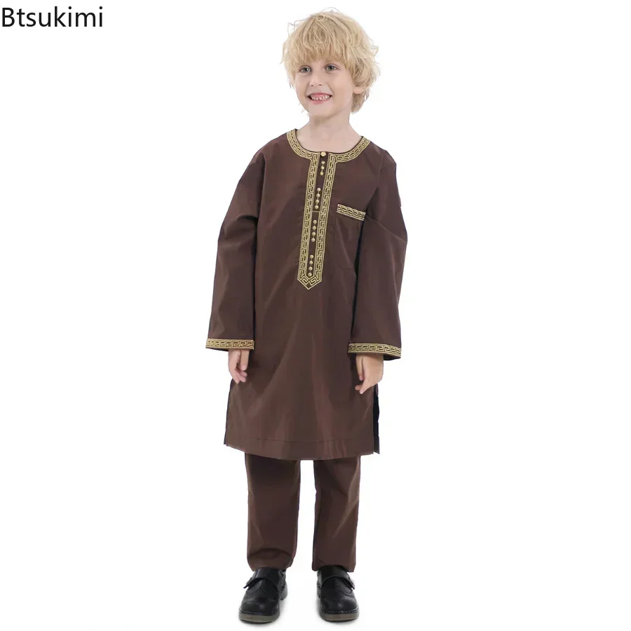 2025 Saudi Arabië Kinderen Gewaad Moslim Kleding Kids Qamis Jongen Jubba Thobe 2 Delige Set Islamitische Kleding Mannen Party Abaya kaftan