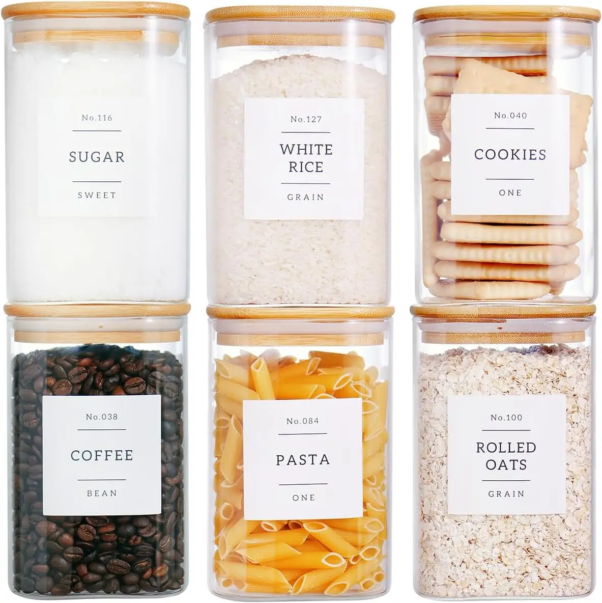 

6 Square Glass Canisters with Bamboo Lids & 132 Labels - Airtight Food Storage for Pantry