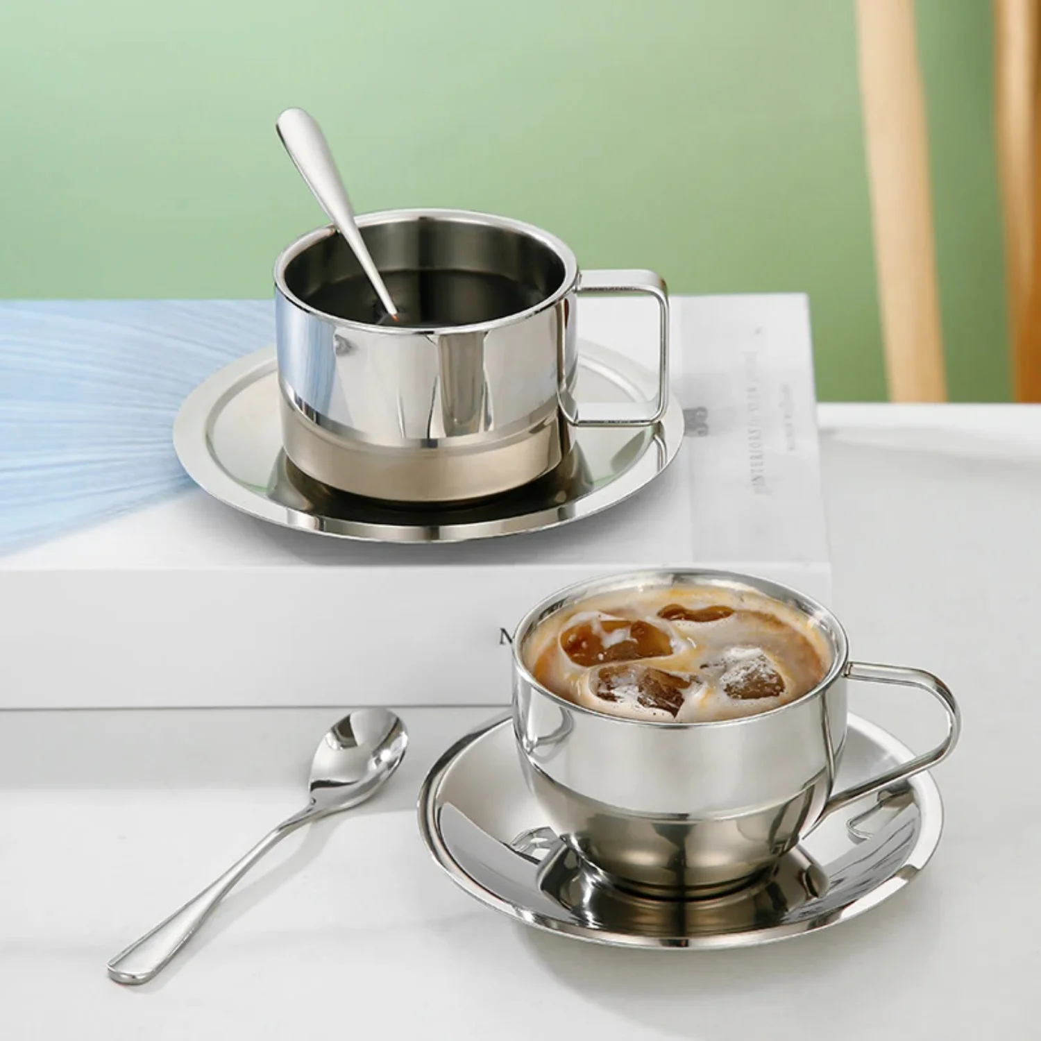 180ml/200ml Coffee Cup Double Layer Hot Resistant Coffee Cup Set Stainless Steel Tea Cup With Plate and Spoon