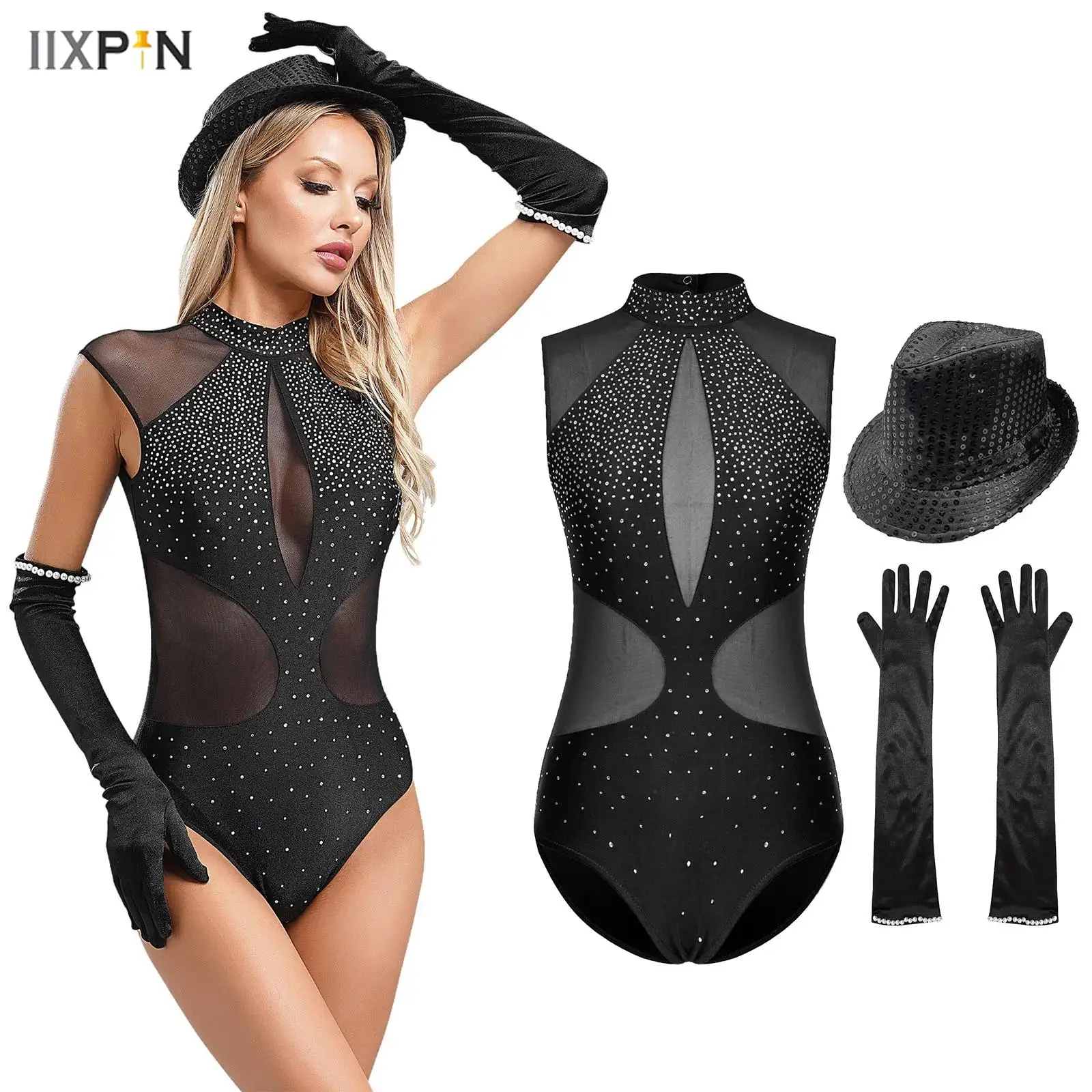 

Womens Jazz Latin Dance Outfits Sheer Mesh Patchwork Sleeveless Sparkly Rhinestones Leotard+Faux Pearls Trim Satin Gloves+Hat