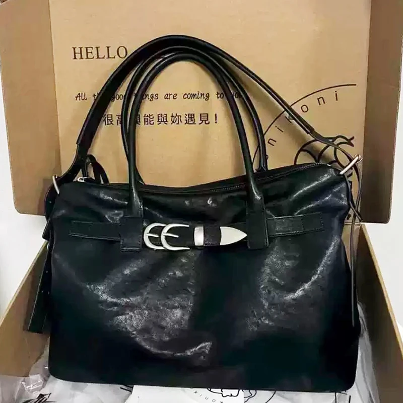

Korean Vintage Tote Bags For Women Luxury Designer Handbags And Purses 2026 New In PU Belt Buckle Top Handle Underarm Shoulder