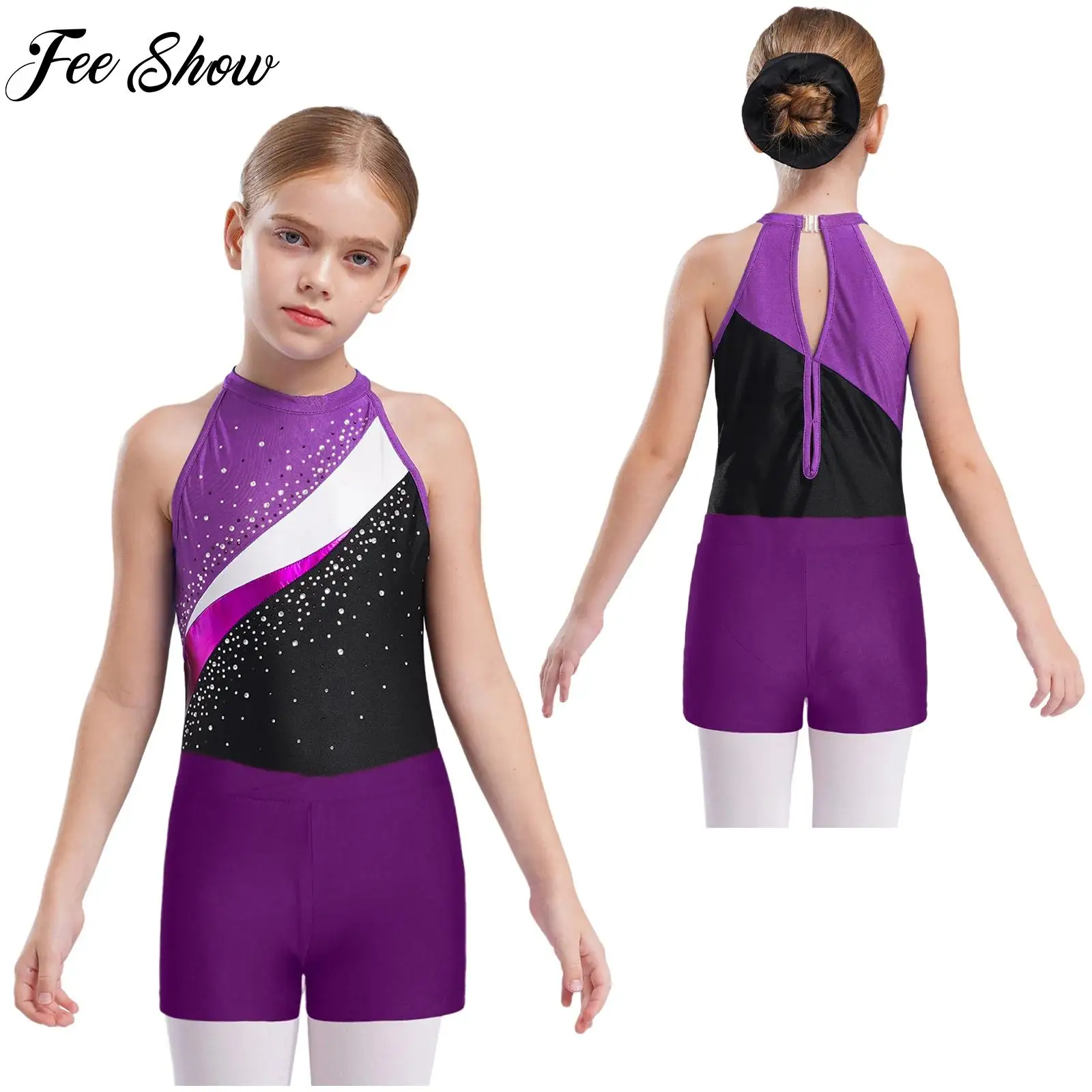 

Child Girls Ballet Figure Skating Gymnastics Performance Costume Set Sleeveless Shiny Rhinestone Leotard Outfit Ballet Dancewear