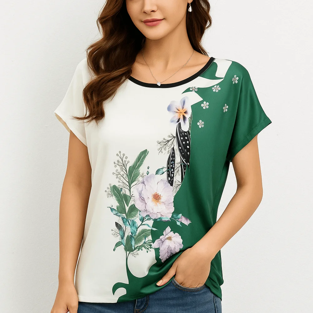 

Vintage Floral Print Blouse Comfortable Round Neck Women's Silk Satin Blouse Breathable Loose Short Sleeve T-Shirt Female